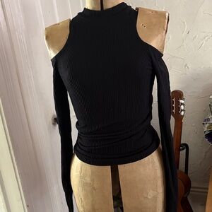 Free People Black Ribbed Cold-Shoulder Long-Sleeve Top